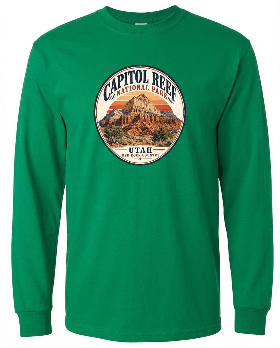 A green long-sleeved t-shirt with a circular graphic design featuring the Capitol Reef National Park in Utah.