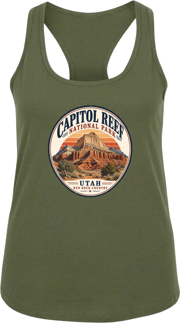 A green tank top with a circular graphic design featuring the Capitol Reef National Park in Utah.