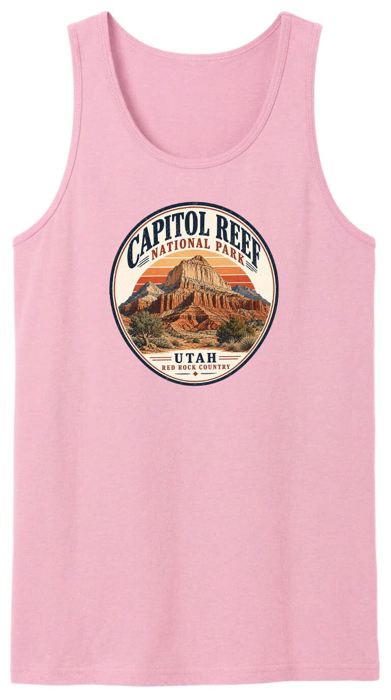 A pink tank top with a circular design featuring the Capitol Reef National Park in Utah.