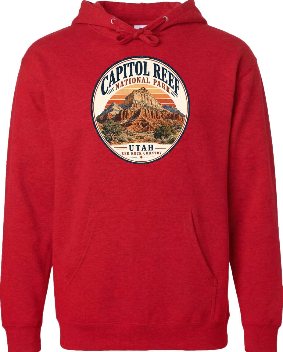 A red hoodie with a circular design featuring the Capitol Reef National Park in Utah.