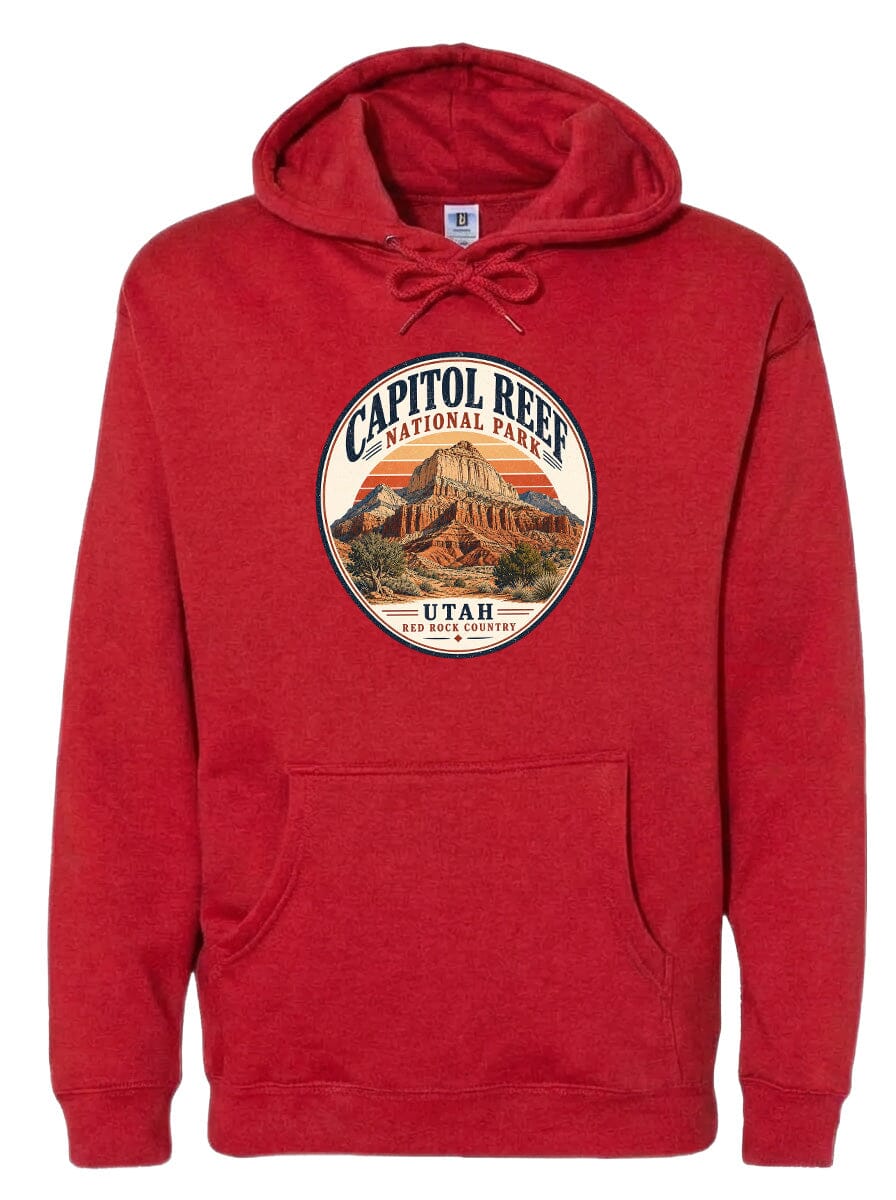 A red hoodie with a circular design featuring the Capitol Reef National Park and Utah.