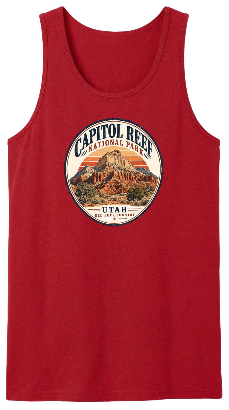 A red tank top with a circular design featuring the Capitol Reef National Park in Utah.