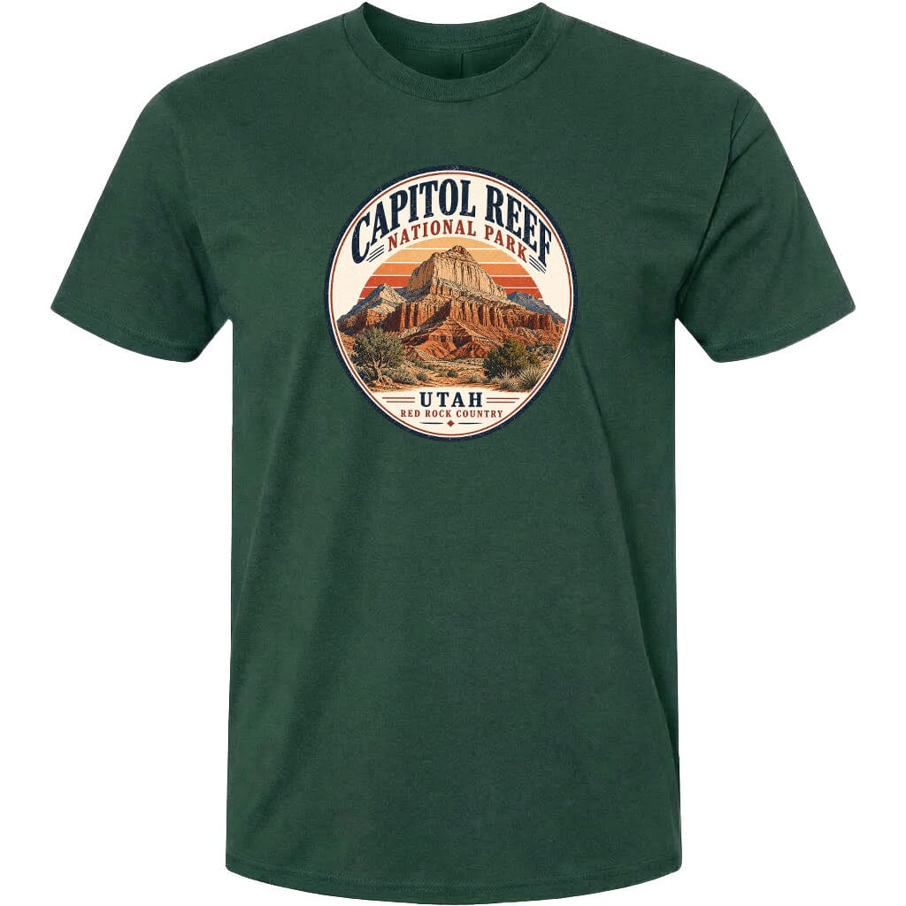 A green t-shirt with a circular graphic design featuring the Capitol Reef National Park in Utah.