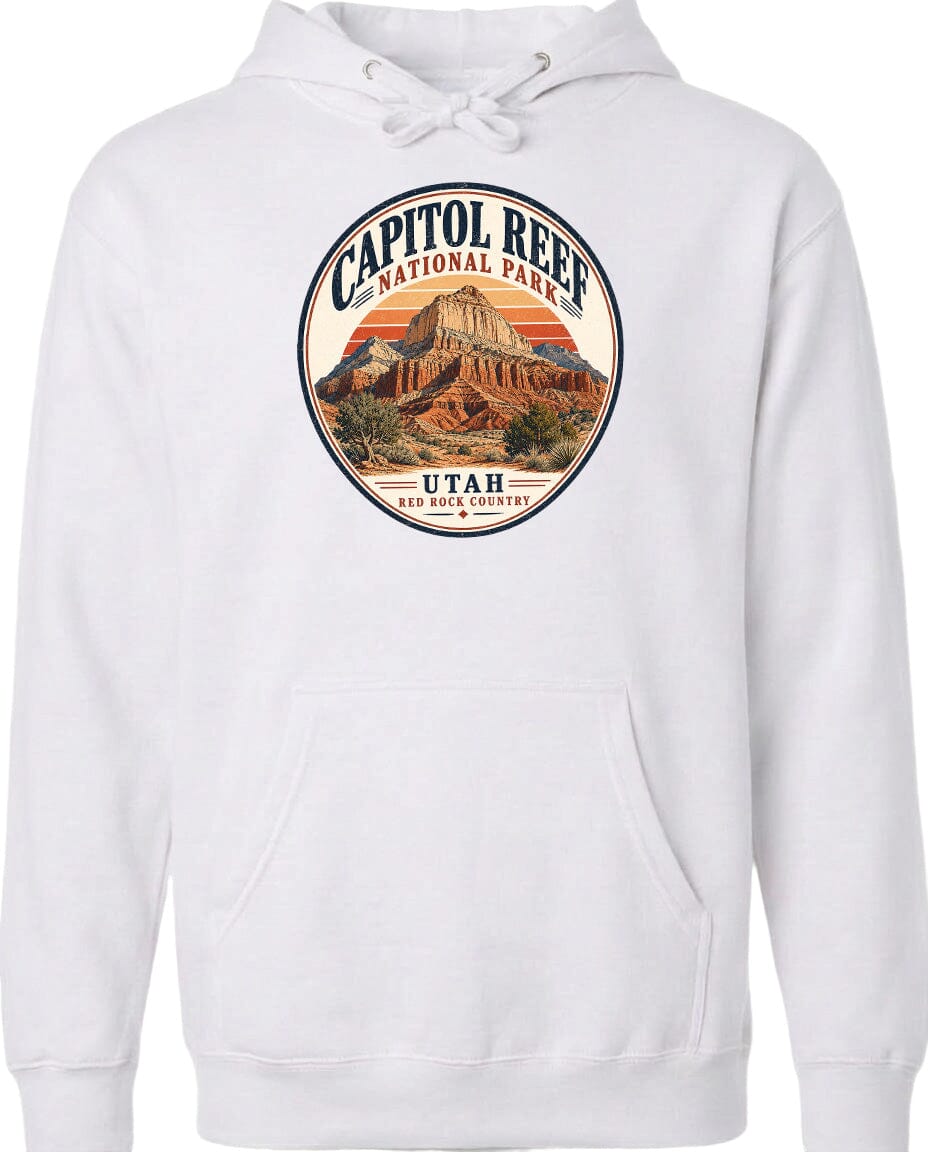 A white hoodie with a circular design featuring the Capitol Reef National Park in Utah.
