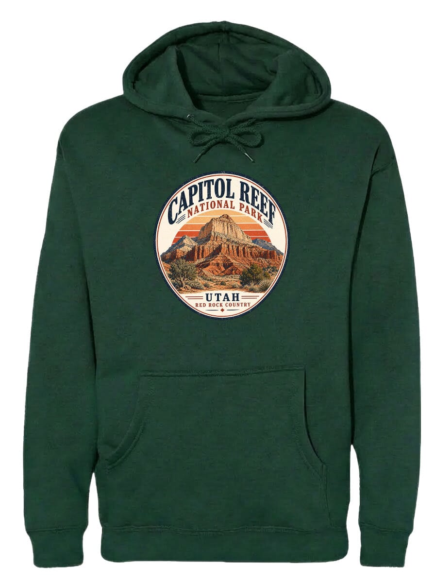 A green hoodie with a circular design featuring the Capitol Reef National Park and Utah.