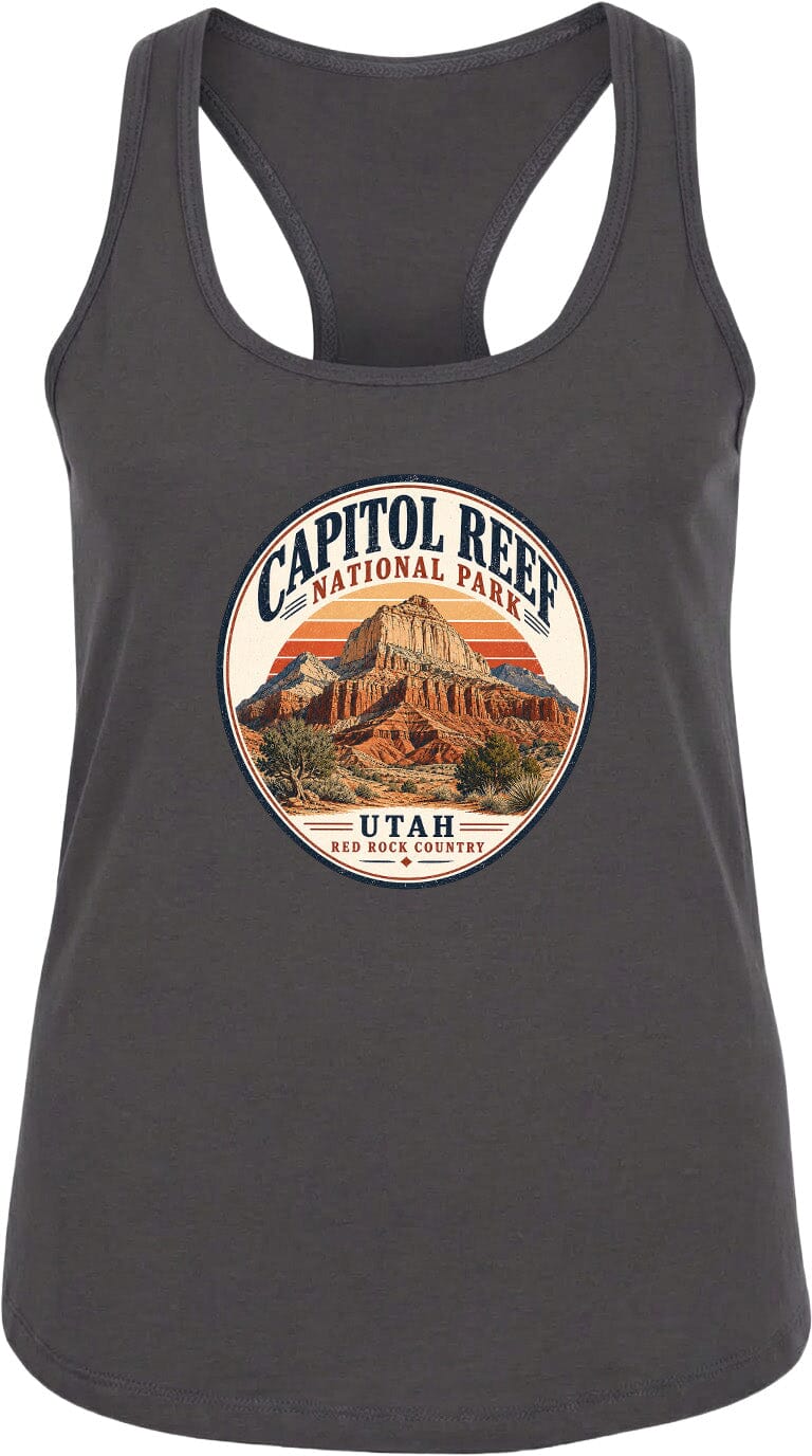 A gray tank top with a circular graphic design featuring the Capitol Reef National Park in Utah.