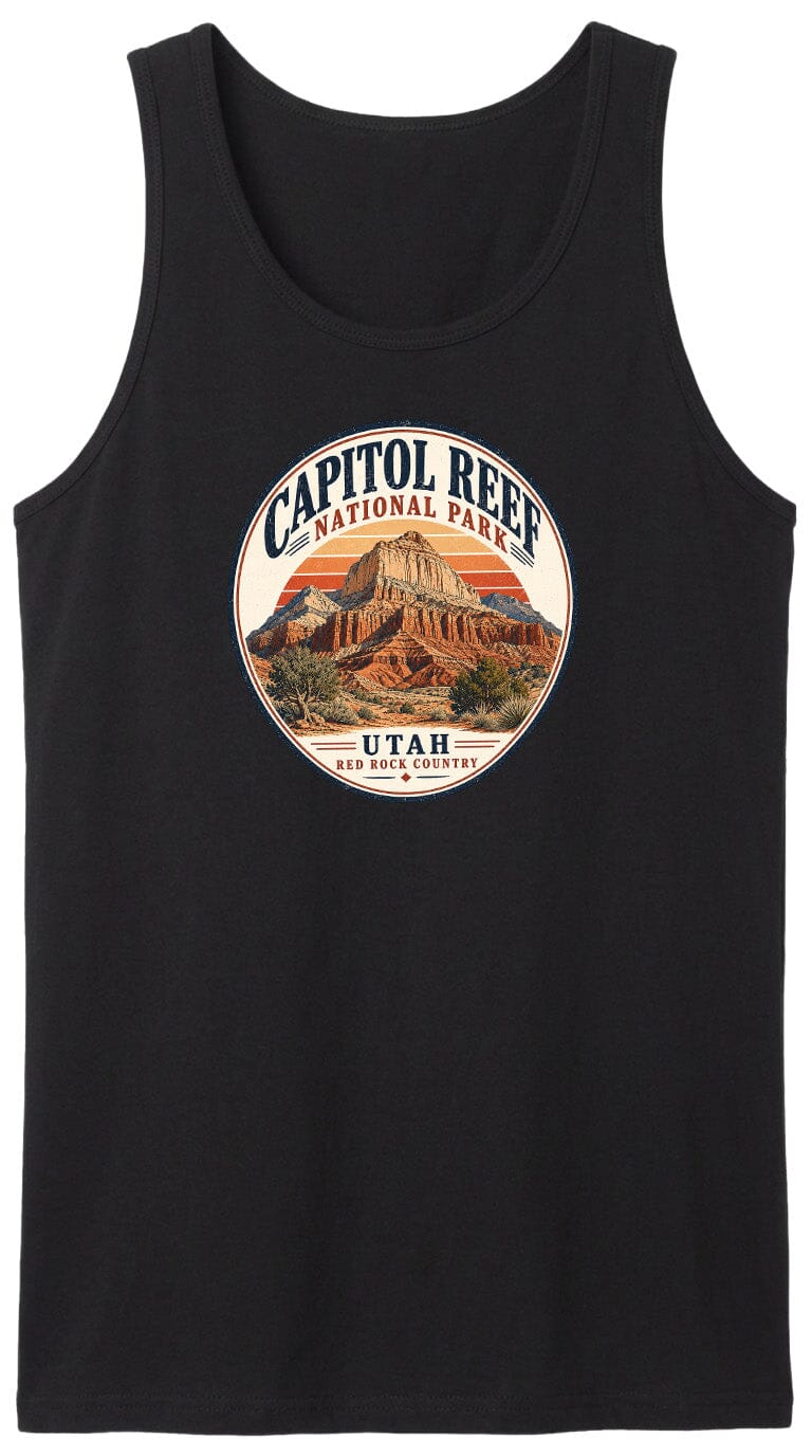 A black tank top with a circular design featuring the Capitol Reef National Park in Utah.