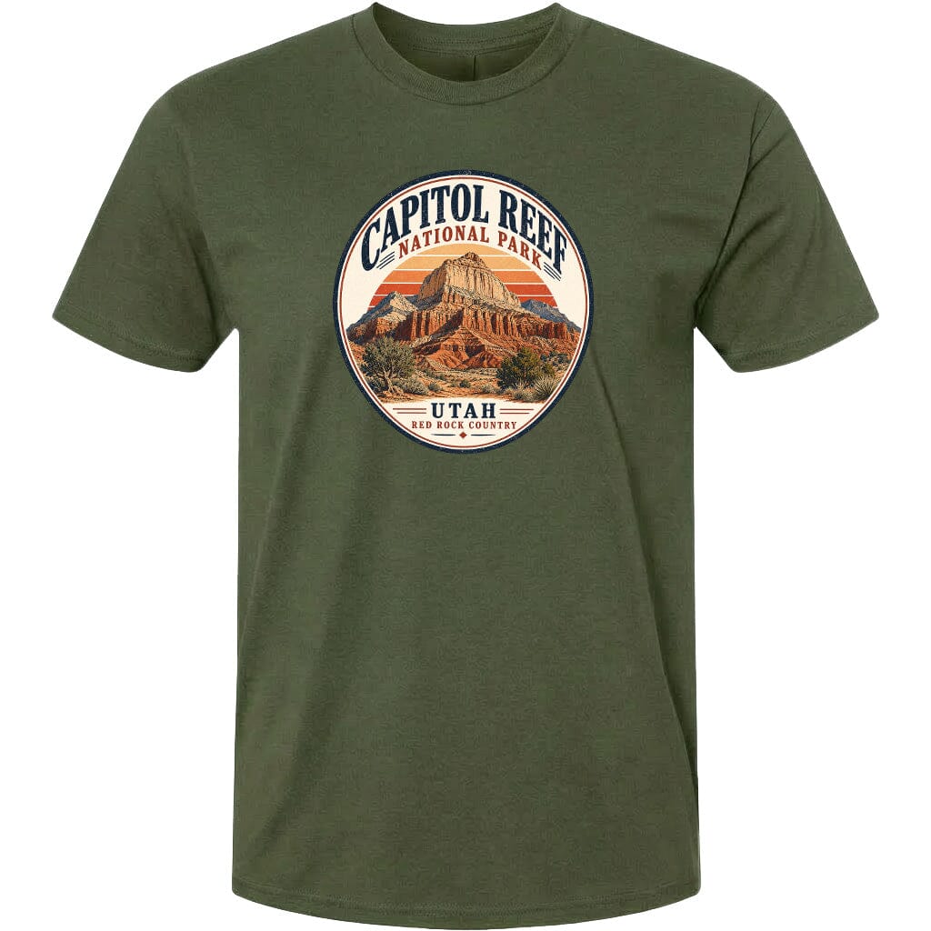 A green t-shirt with a circular graphic design featuring the Capitol Reef National Park in Utah.