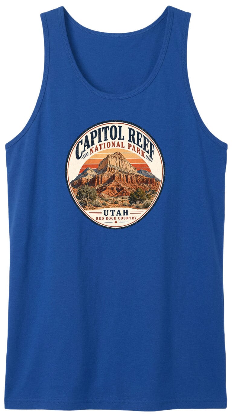 A blue tank top with a circular design featuring the Capitol Reef National Park in Utah.