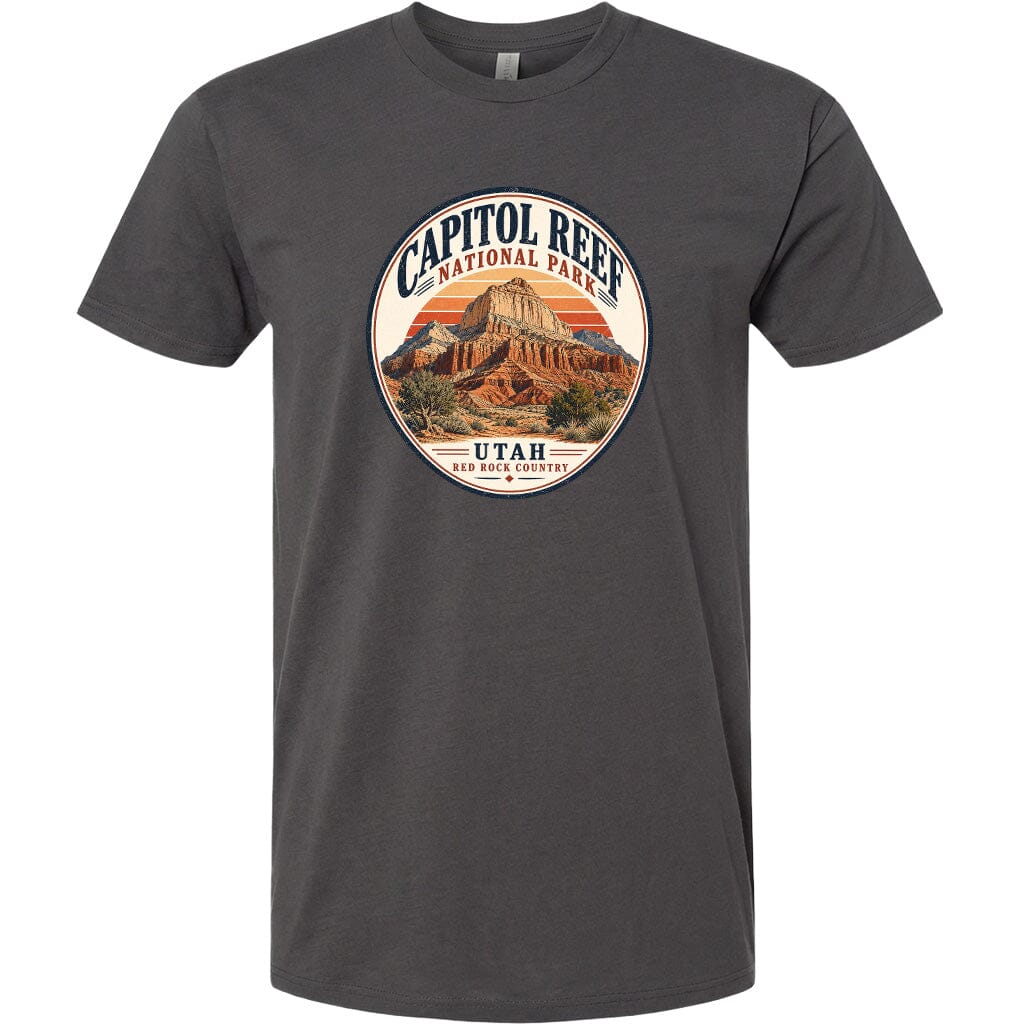 A gray t-shirt with a circular graphic design featuring the Capitol Reef National Park in Utah.