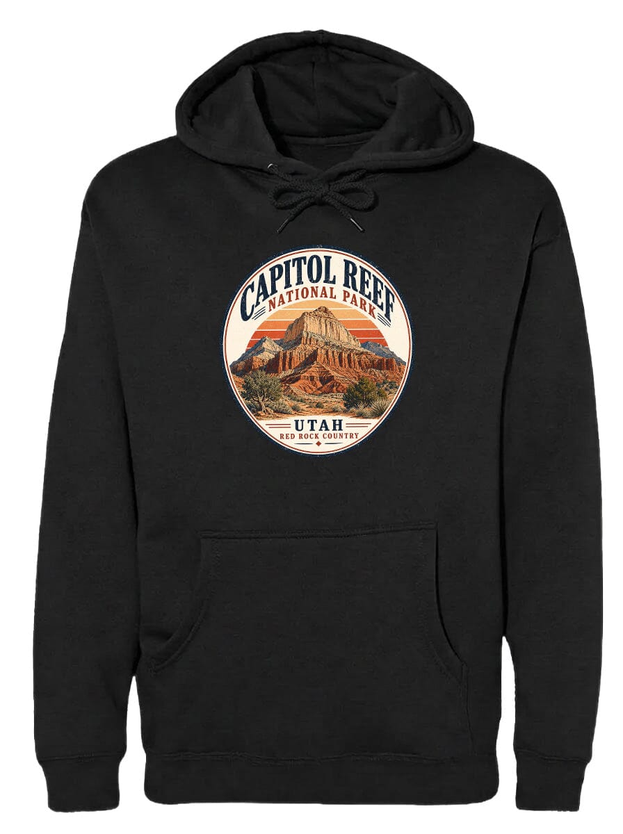 A black hoodie with a circular graphic design featuring the Capitol Reef National Park in Utah.