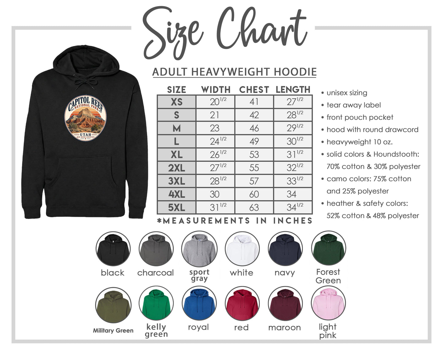 The image is a size chart for an adult heavyweight hoodie, including various color options and measurements in inches.