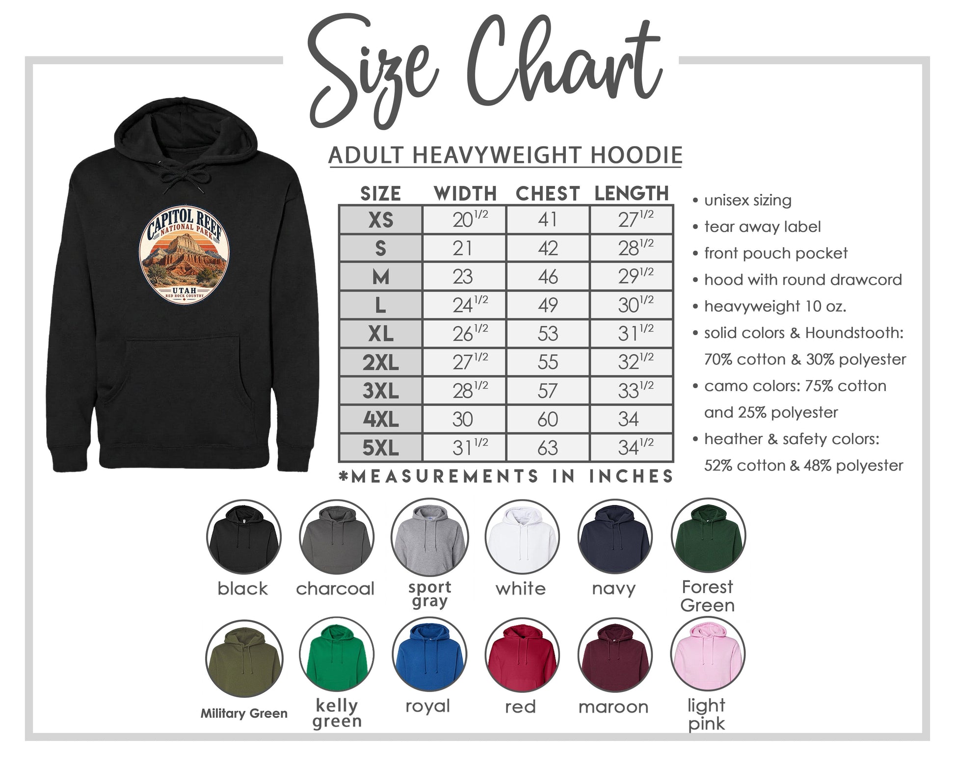 The image is a size chart for an adult heavyweight hoodie, including various color options and measurements in inches.