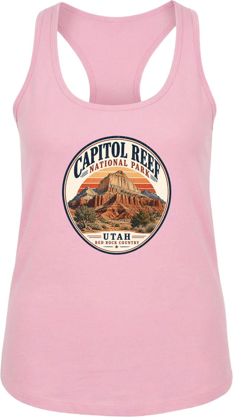 A pink tank top with a circular graphic design featuring the Capitol Reef National Park in Utah.