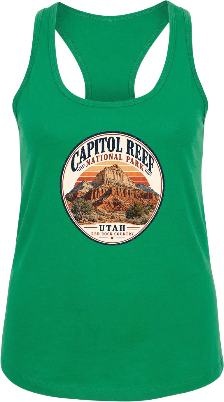A green tank top with a circular graphic design featuring the Capitol Reef National Park in Utah.
