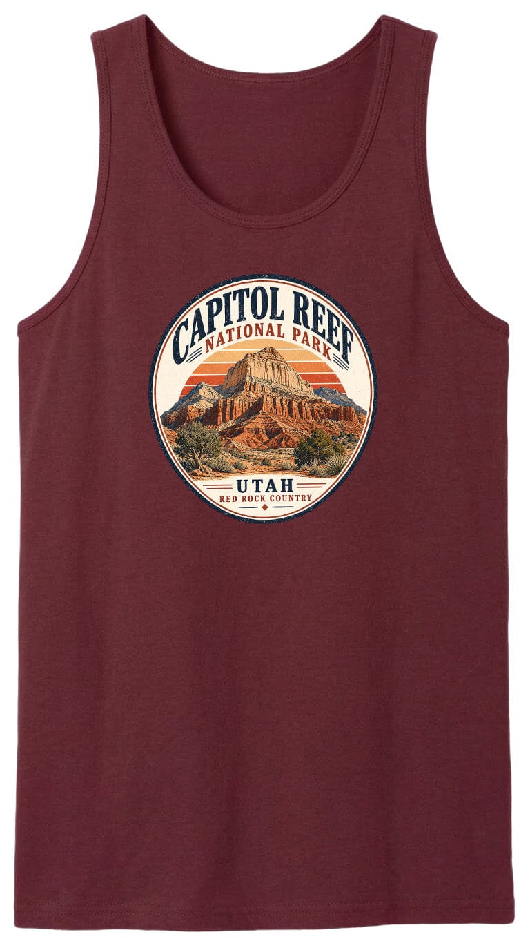 A red tank top with a circular design featuring the Capitol Reef National Park in Utah.