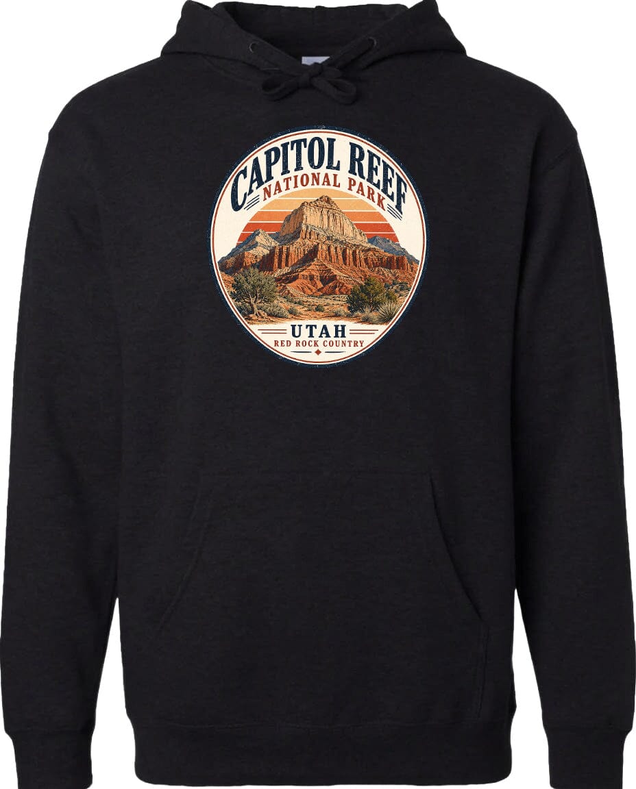 A black hoodie with a circular graphic design featuring the Capitol Reef National Park in Utah.