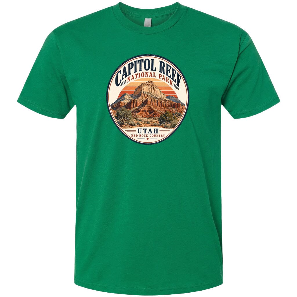 A green t-shirt with a circular graphic design featuring the Capitol Reef National Park in Utah, USA.