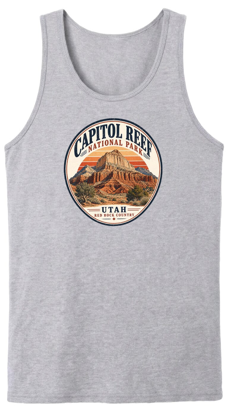 A gray tank top with a circular design featuring the Capitol Reef National Park in Utah.