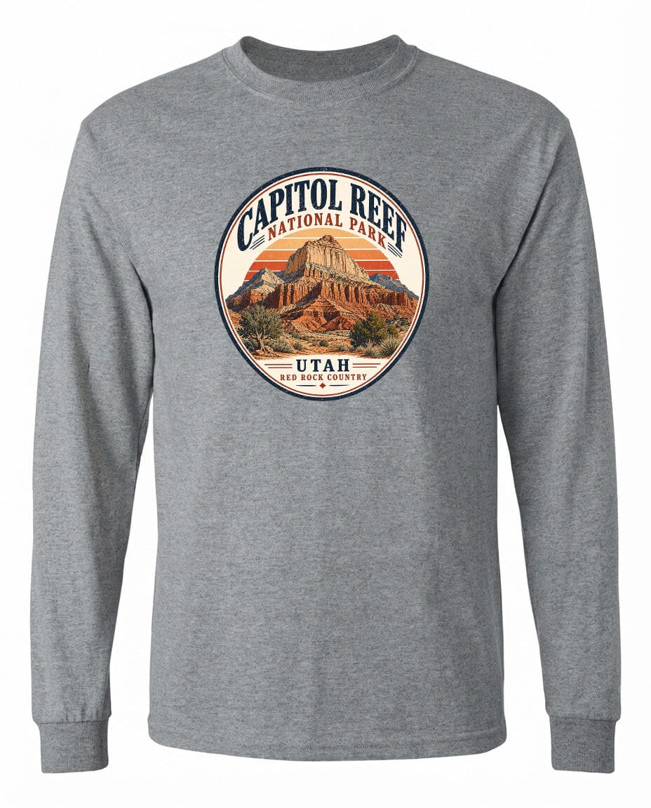 A gray long-sleeved t-shirt with a circular graphic design featuring the Capitol Reef National Park in Utah.
