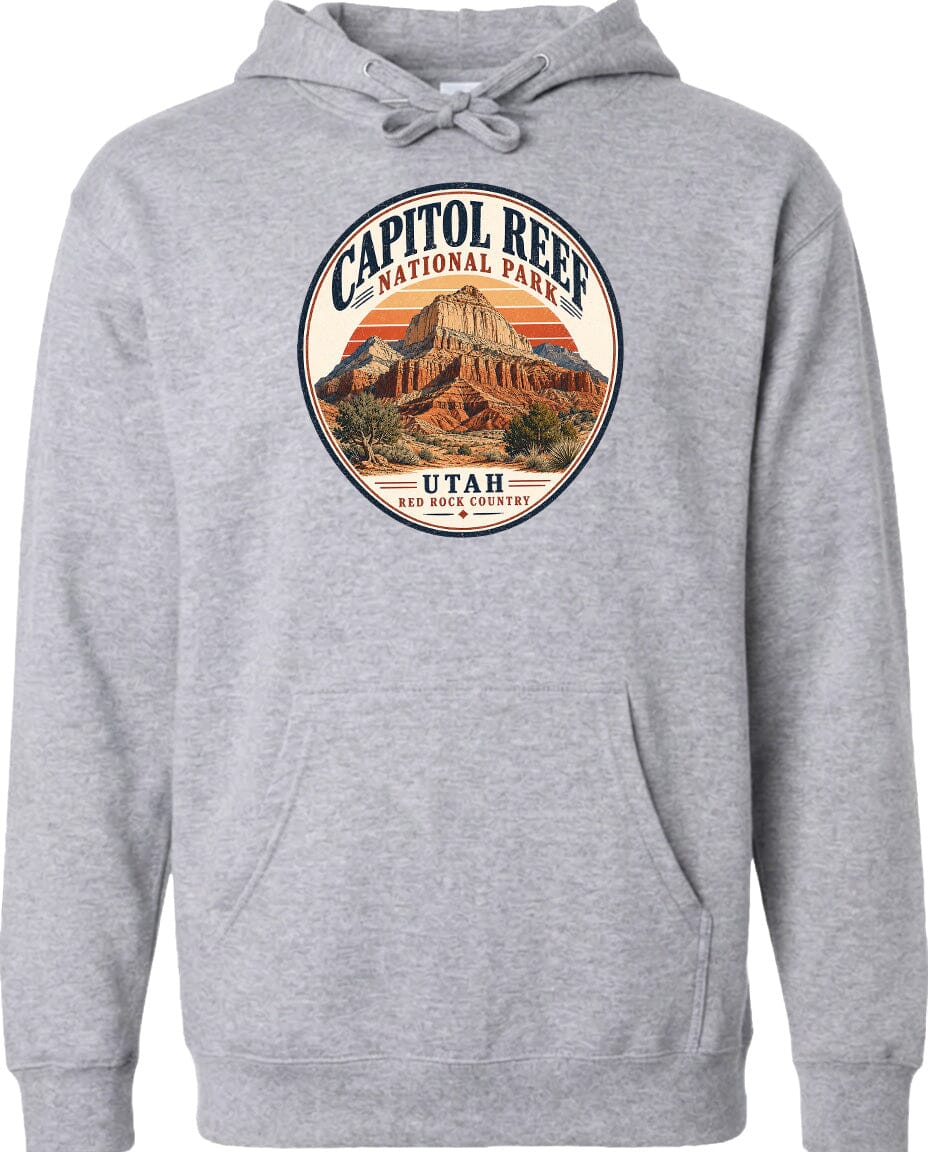 A gray hoodie with a circular design featuring the Capitol Reef National Park in Utah.