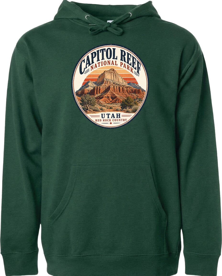 A green hoodie with a circular graphic design featuring the Capitol Reef National Park in Utah.