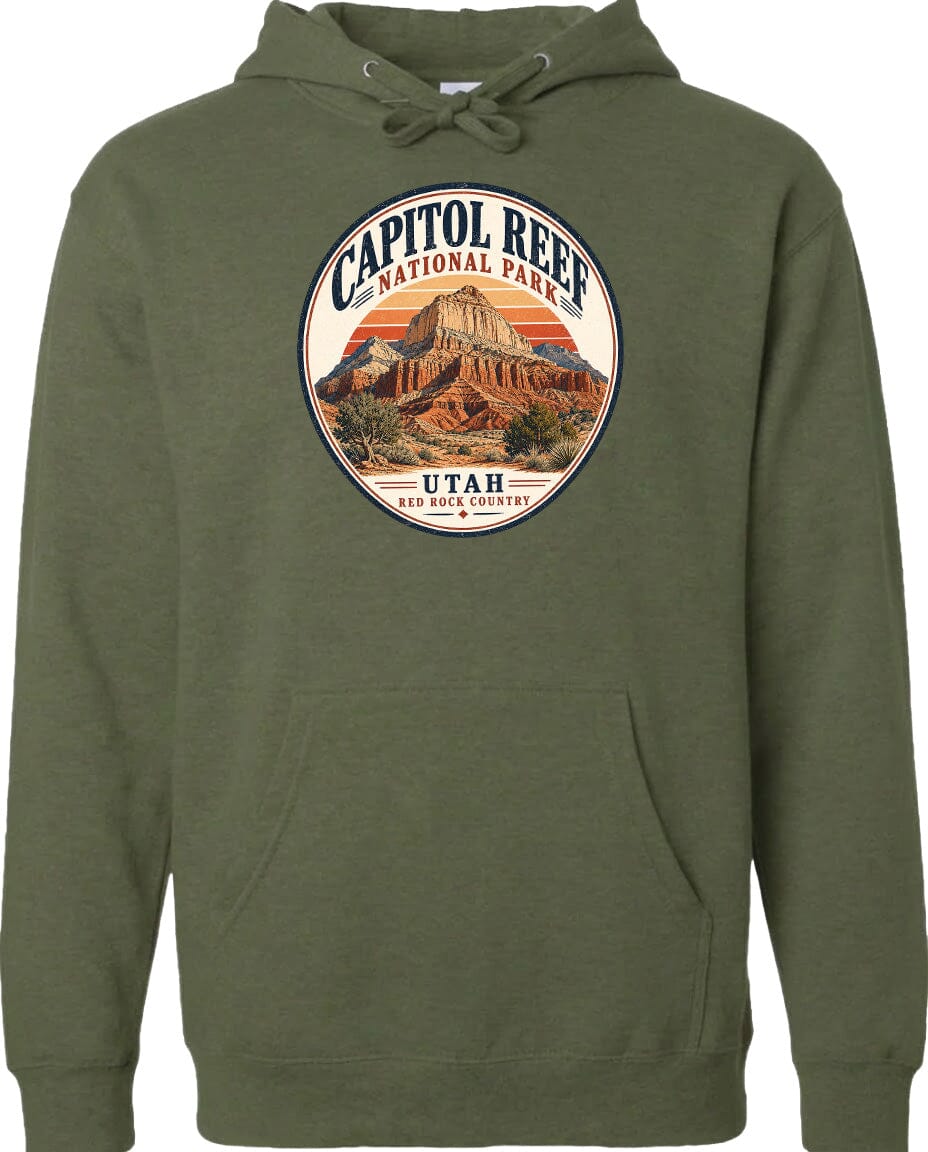 A hoodie with a circular graphic design featuring the Capitol Reef National Park in Utah.