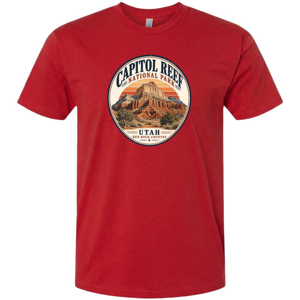 A red t-shirt with a circular graphic design featuring the Capitol Reef National Park in Utah.
