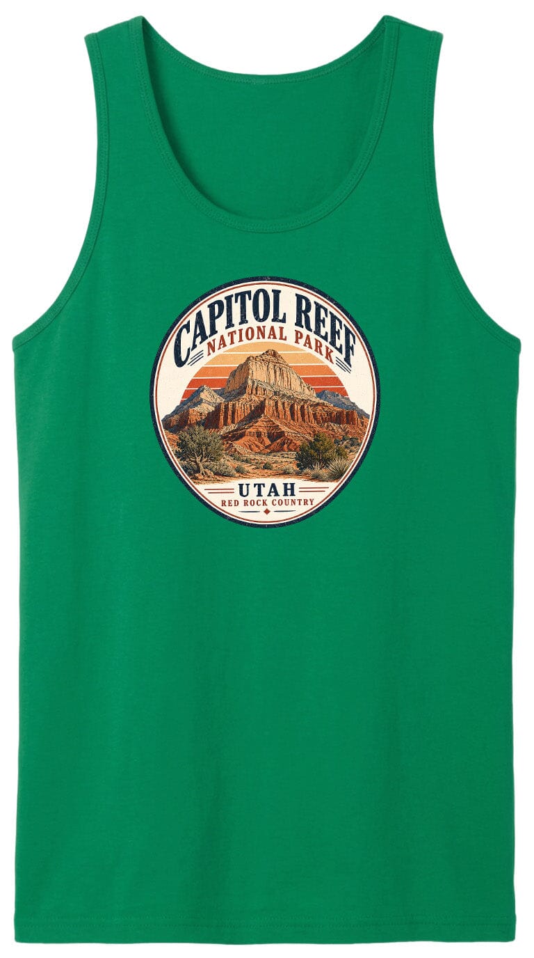 A green tank top with a circular graphic design featuring the Capitol Reef National Park in Utah.
