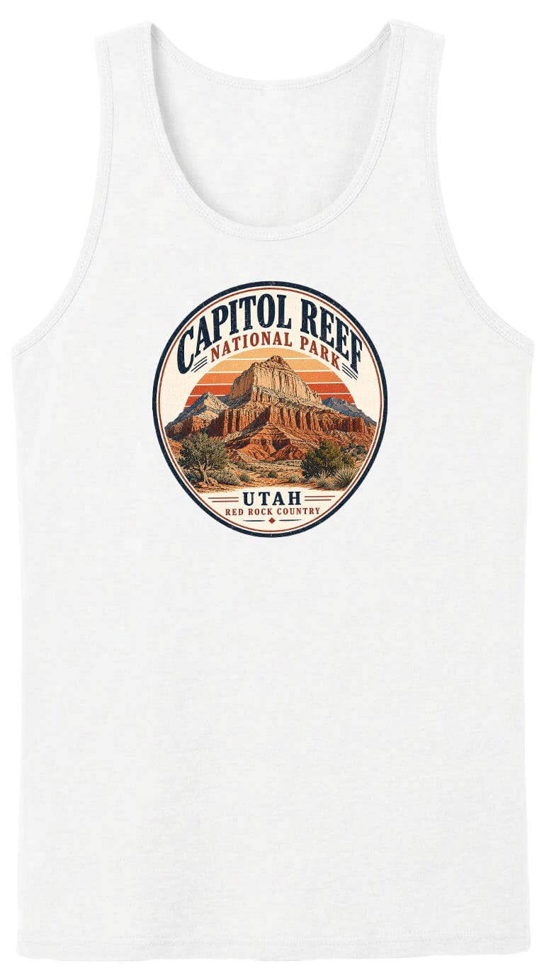 A white tank top with a circular design featuring the Capitol Reef National Park in Utah.