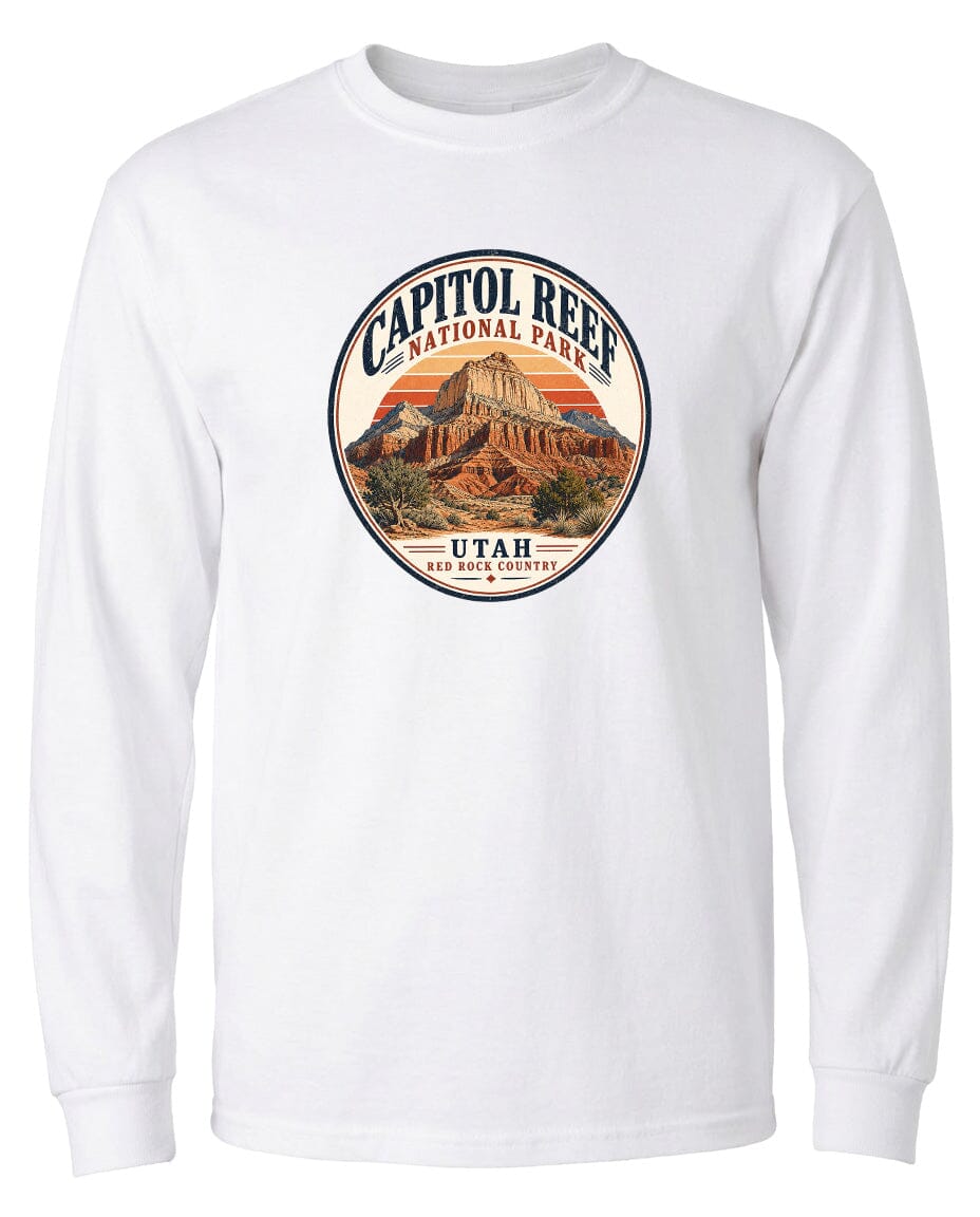 A white long-sleeved t-shirt with a circular design featuring the Capitol Reef National Park in Utah.