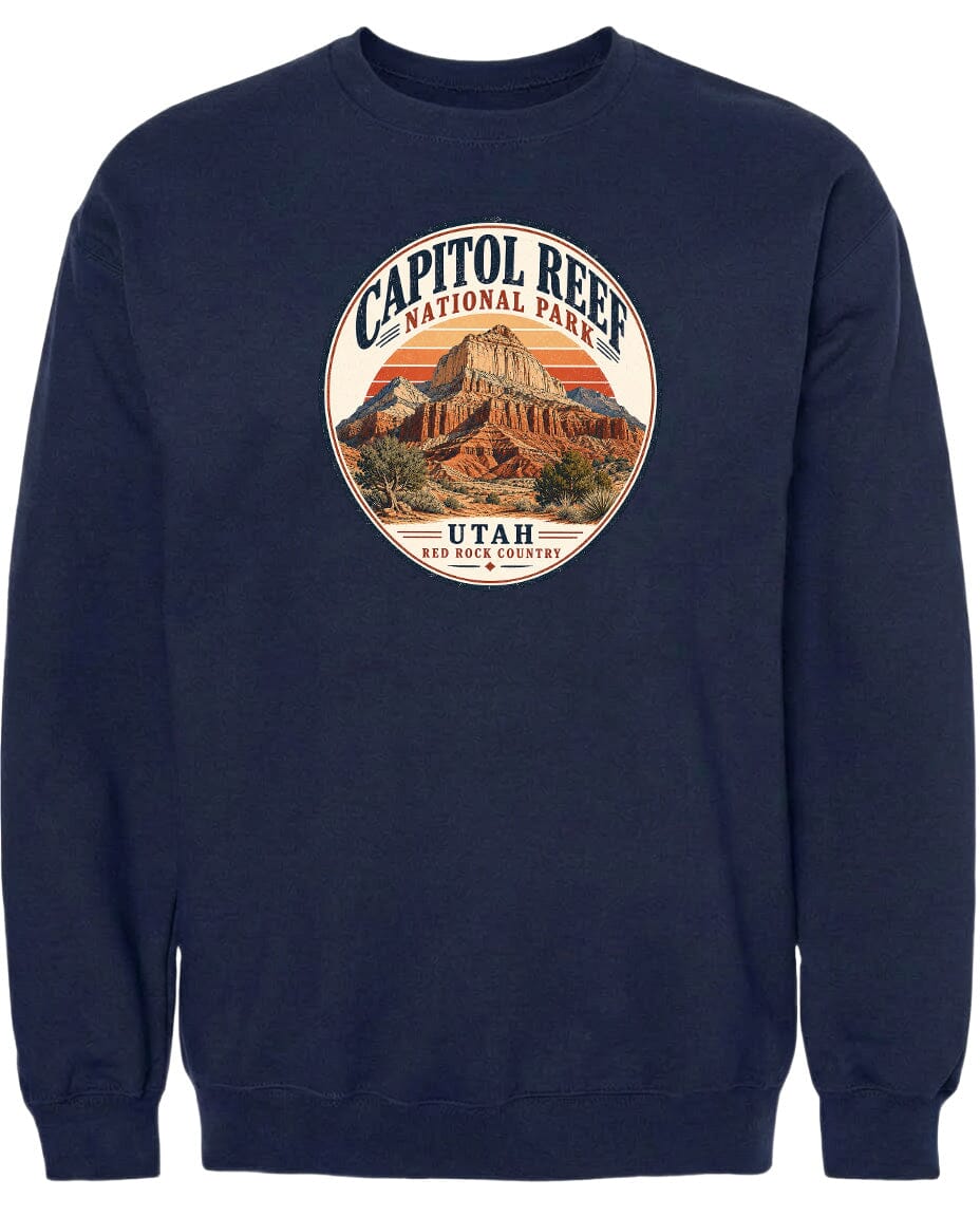 A navy blue sweatshirt with a circular graphic design featuring the Capitol Reef National Park in Utah, USA.