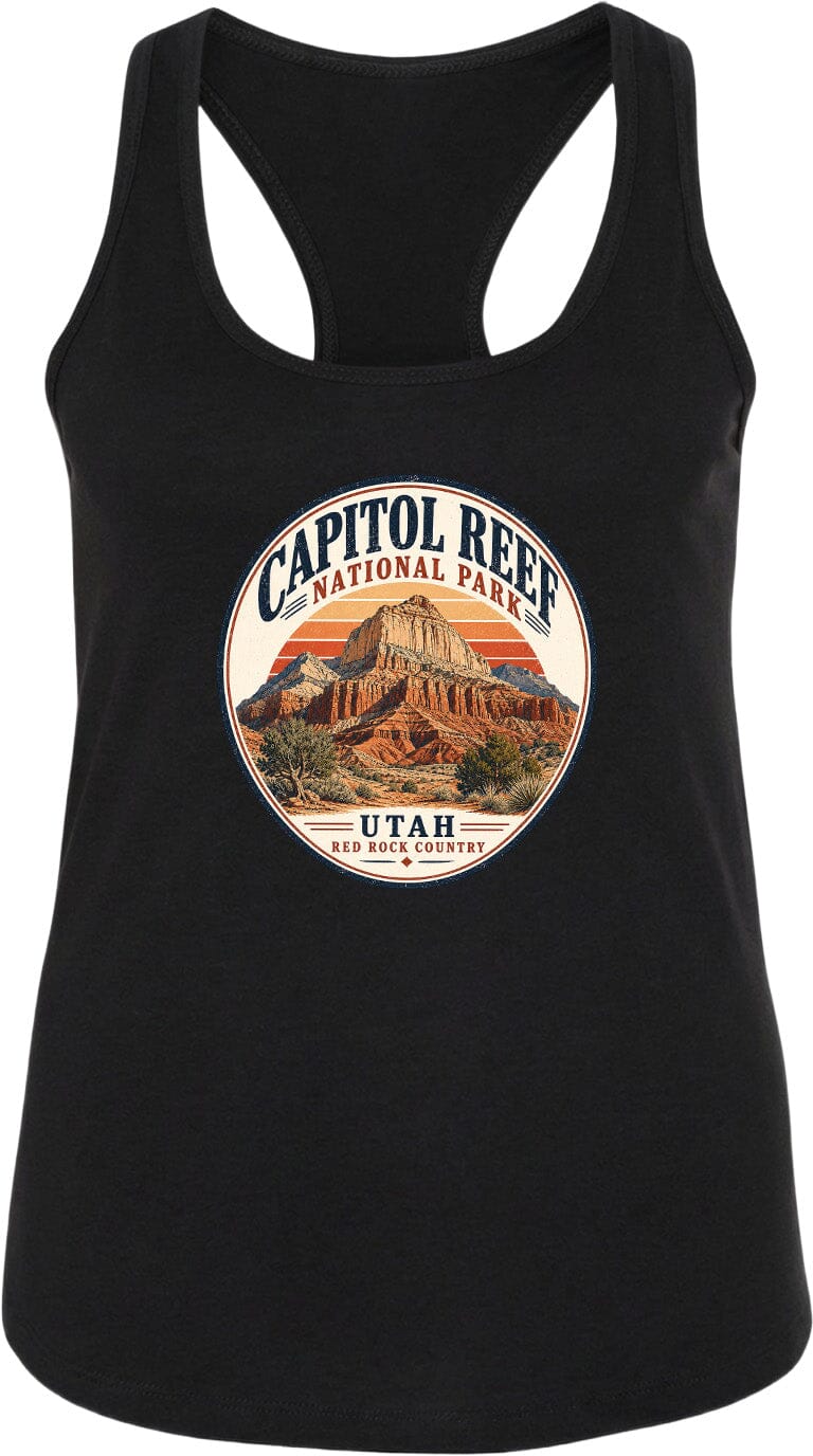 A black tank top with a circular graphic design featuring the Capitol Reef National Park in Utah.