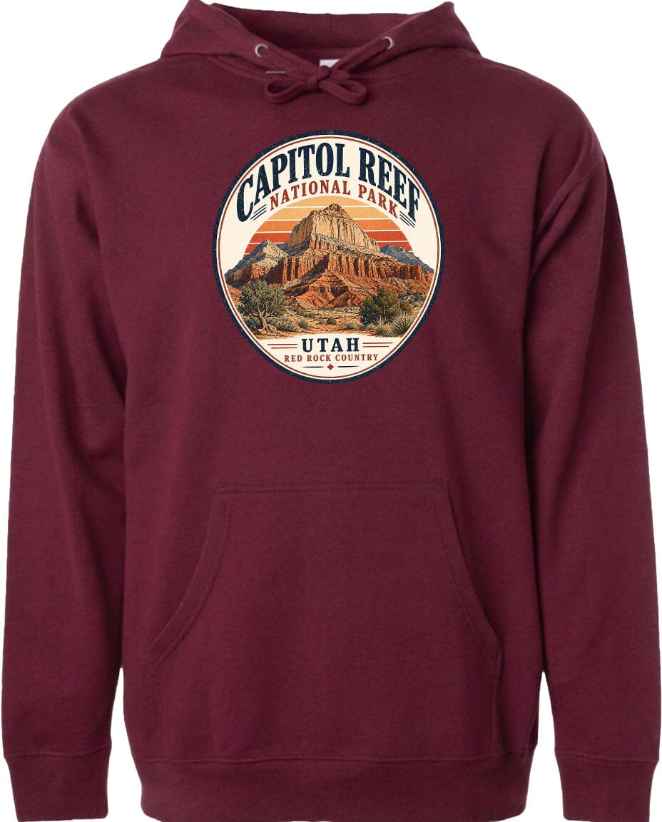 A hoodie with a circular design featuring the Capitol Reef National Park in Utah.