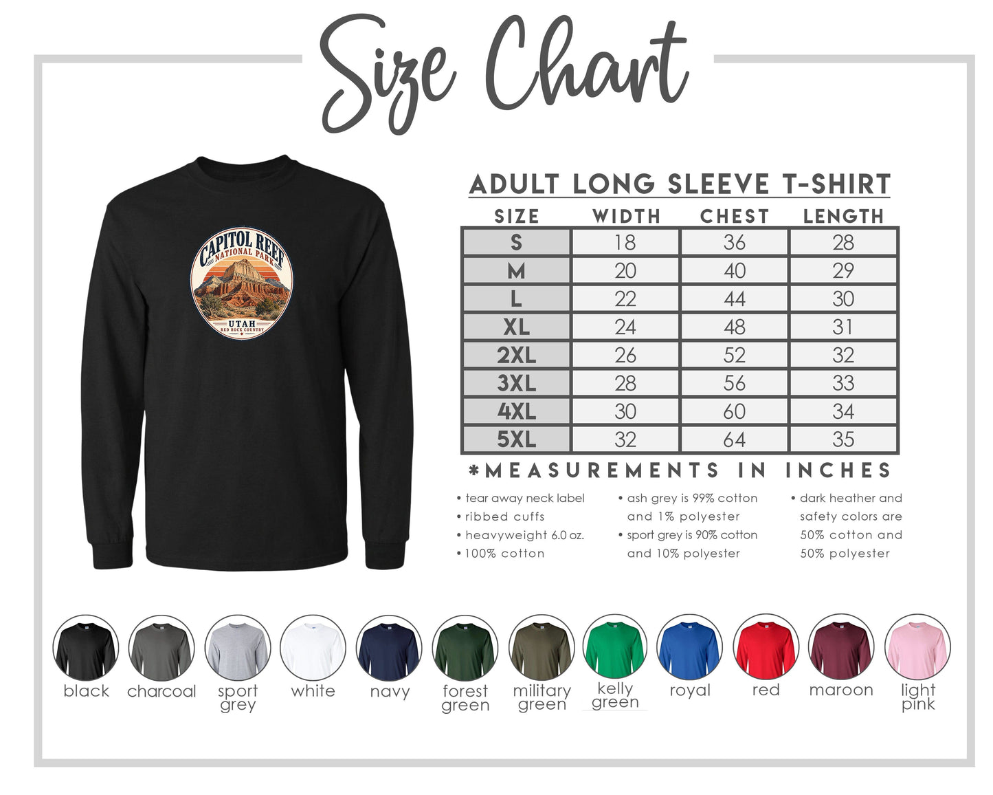 The image is a size chart for an adult long sleeve t-shirt, providing measurements and corresponding shirt colors.