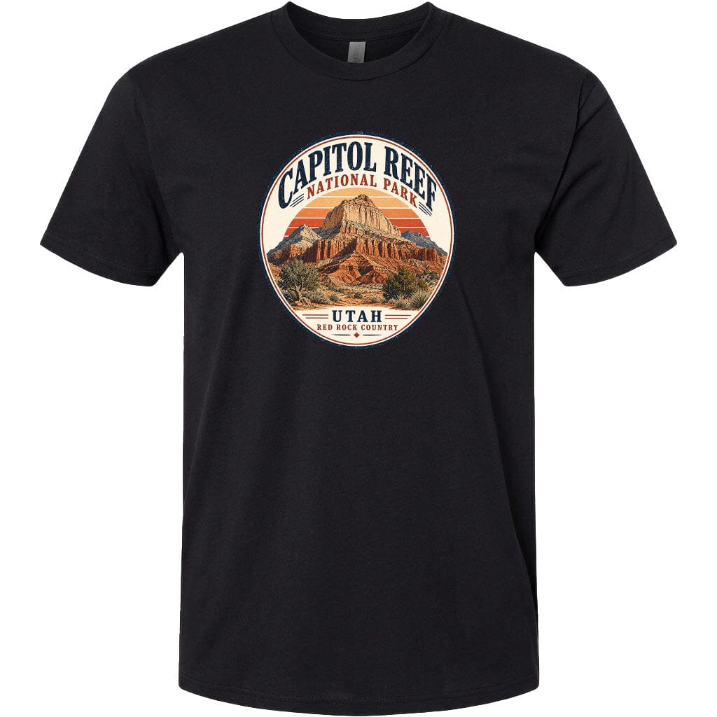 A black t-shirt with a circular graphic design featuring the Capitol Reef National Park in Utah.