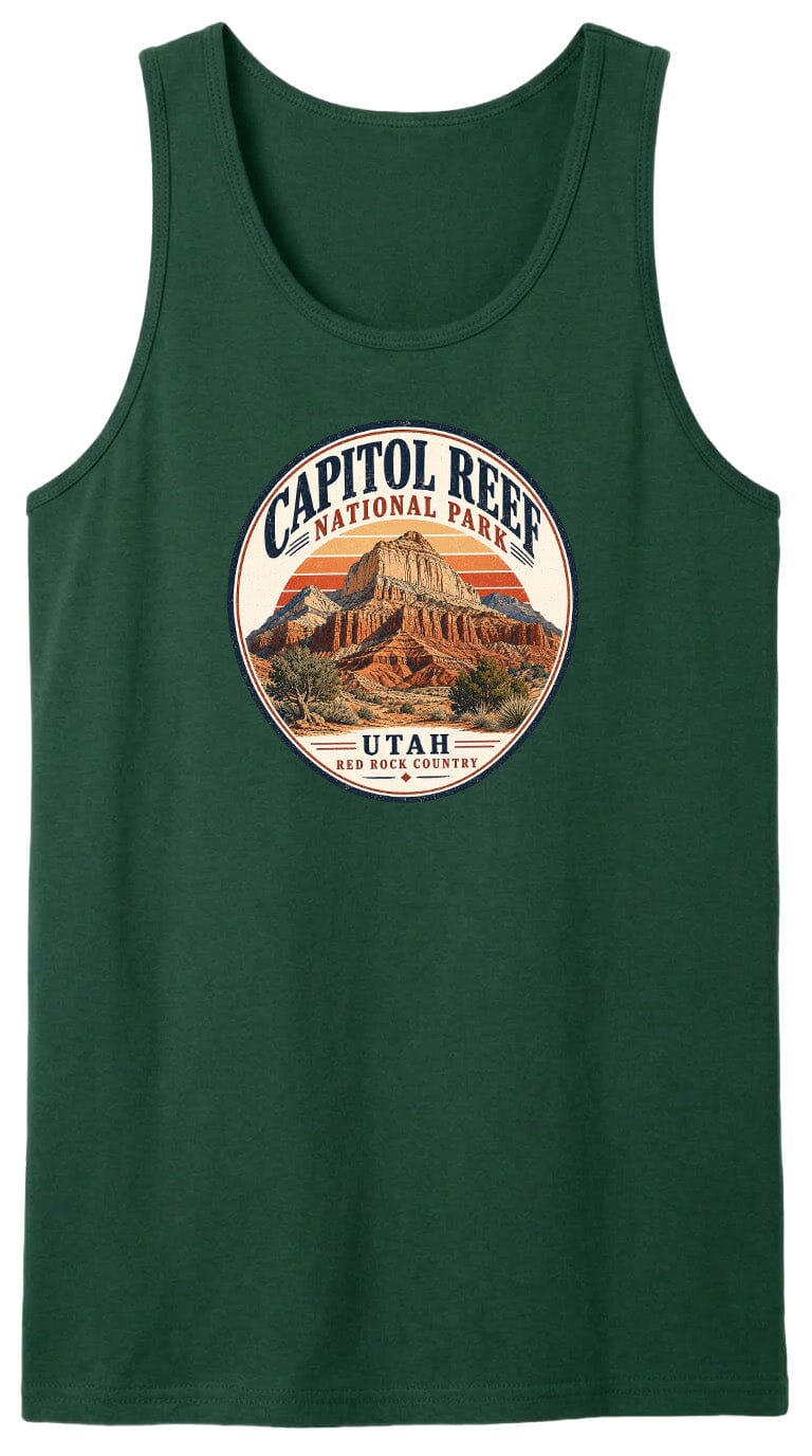 A green tank top with a circular design featuring the Capitol Reef National Park in Utah.