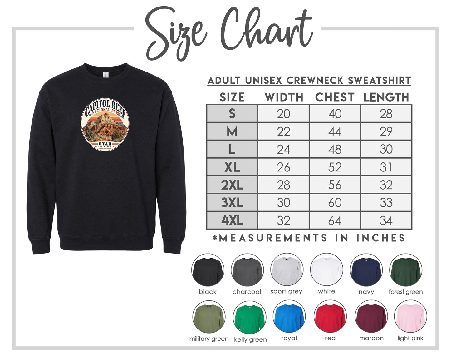 The image is a size chart for an adult unisex crew neck sweatshirt. It includes a black crew neck sweatshirt with a mountain and river design, along with a table of size measurements for different chest and waist sizes.