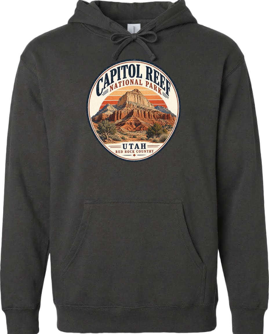 A hoodie with a circular graphic design featuring the Capitol Reef National Park in Utah.