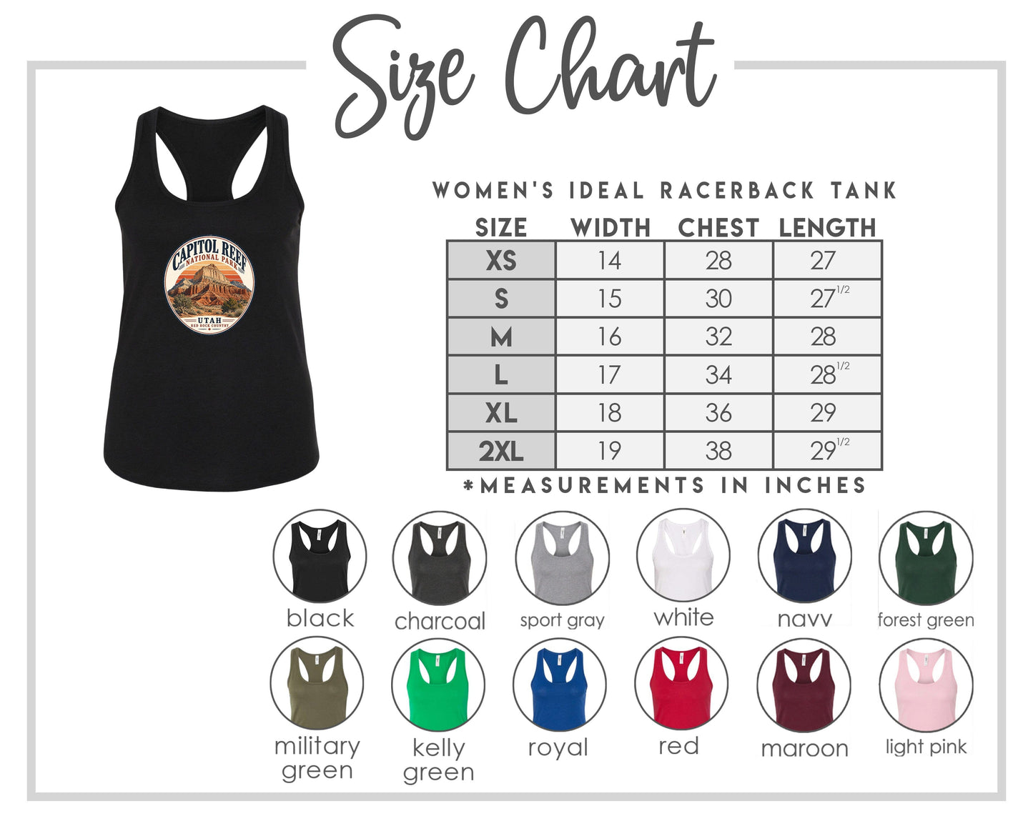 The image is a size chart for a women's ideal racerback tank, including various color options and corresponding chest measurements.