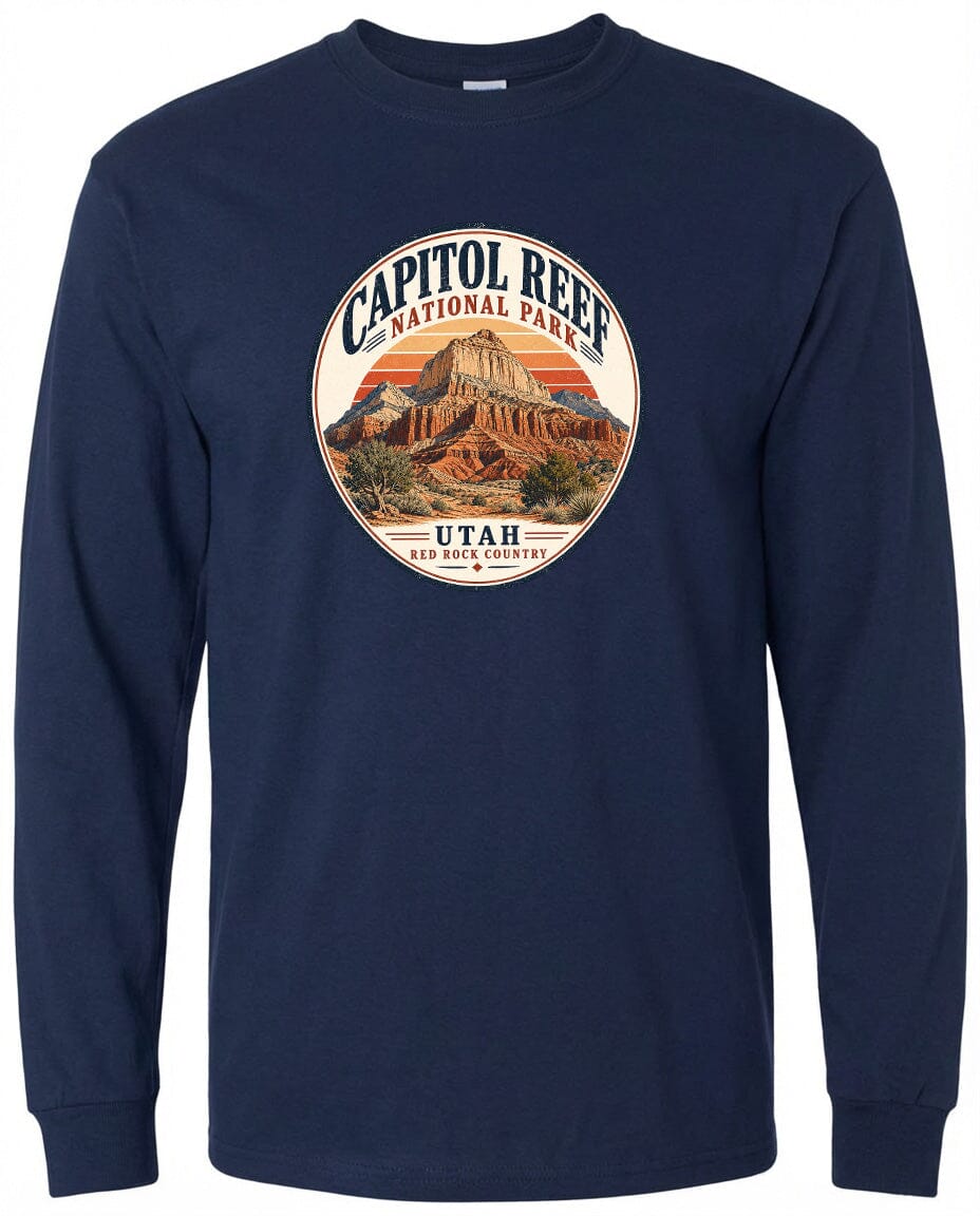 A navy blue long-sleeved t-shirt with a circular graphic design featuring the Capitol Reef National Park in Utah.
