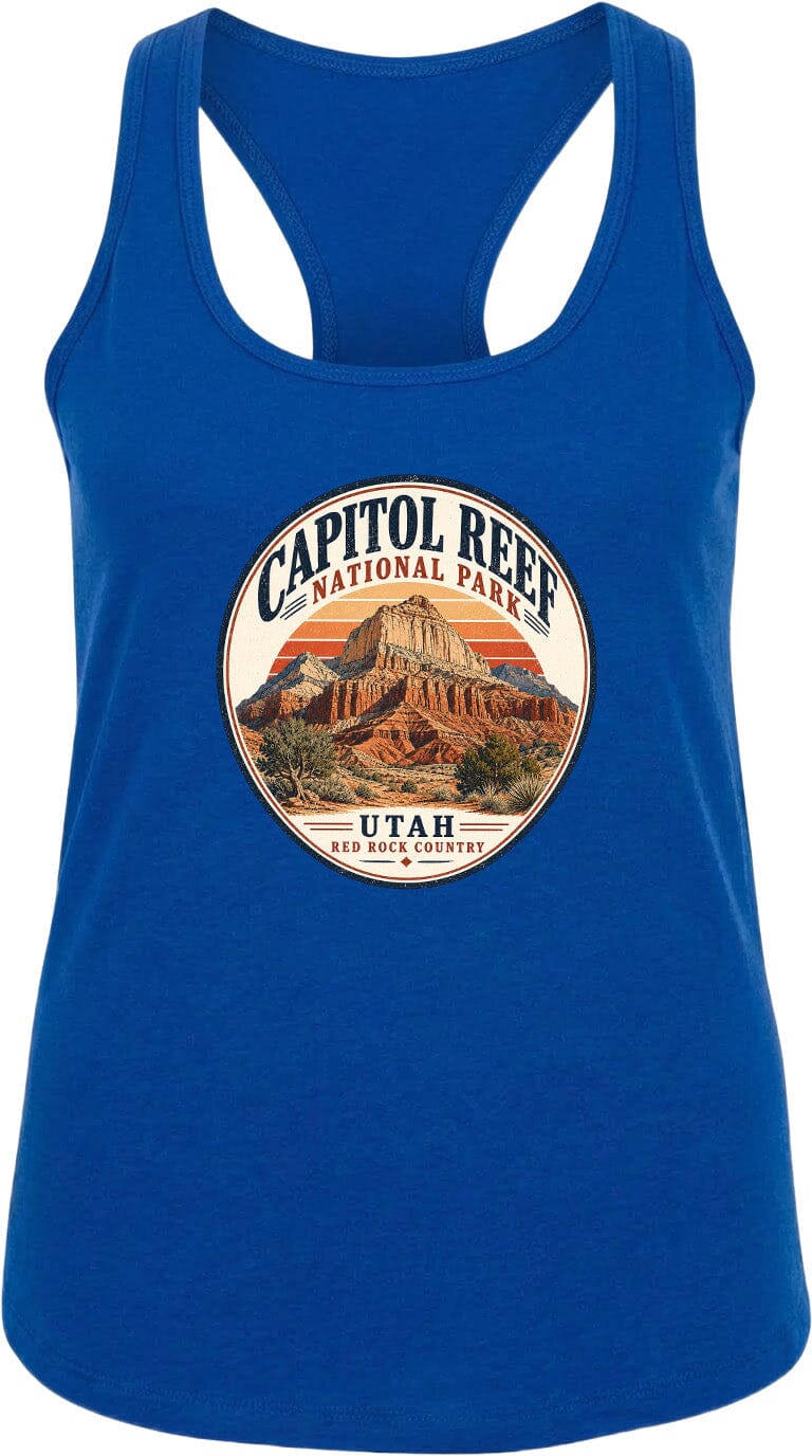 A blue tank top with a circular graphic design featuring the Capitol Reef National Park in Utah.