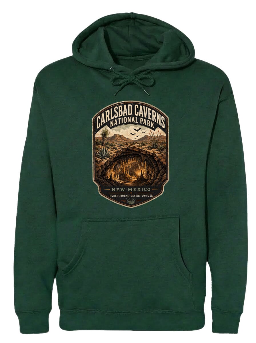 A green hoodie with a graphic design depicting the Carlsbad Caves National Park in New Mexico.