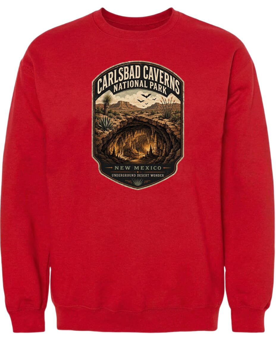 A red sweatshirt with a graphic design depicting the Carlsbad Caverns National Park in New Mexico.
