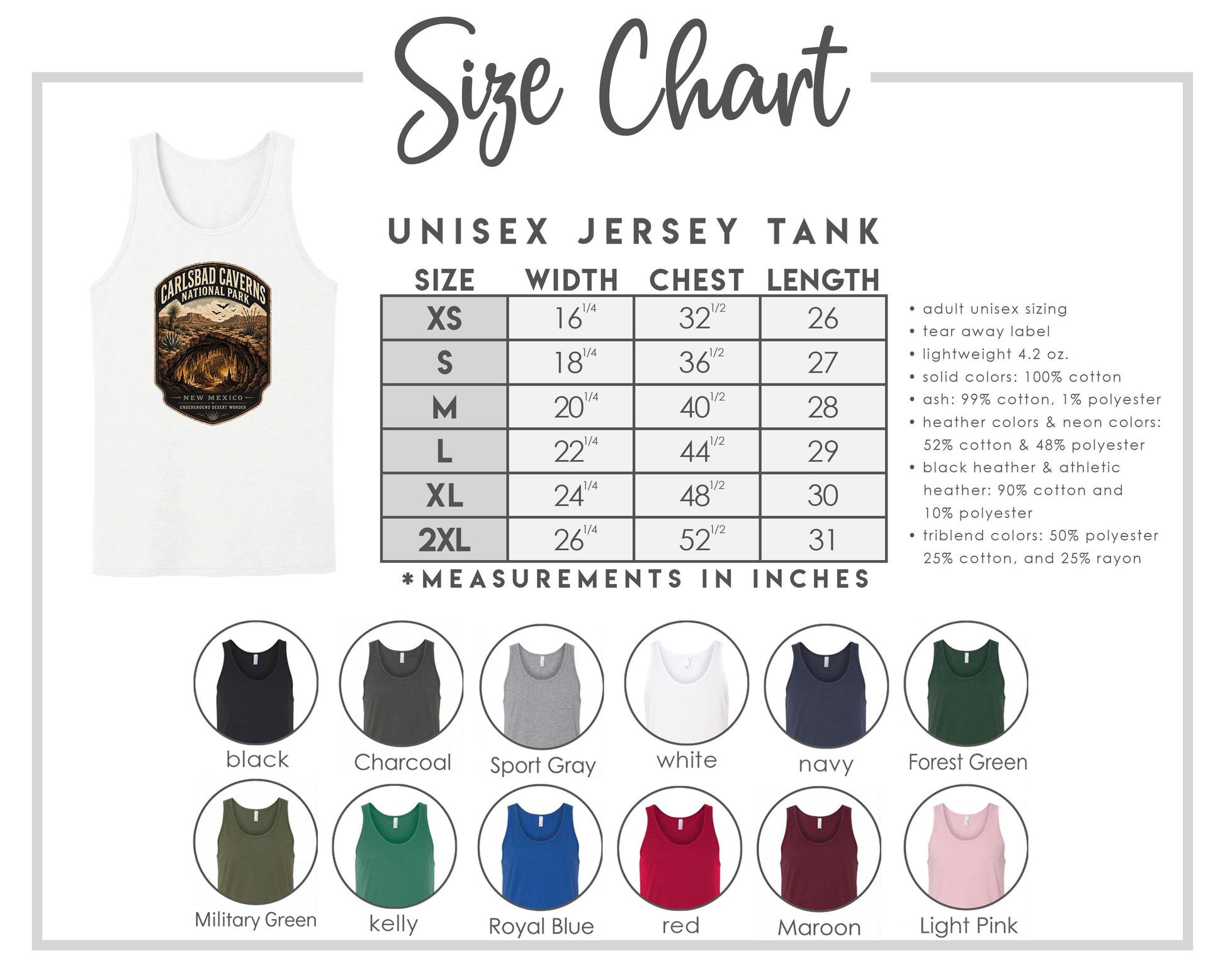 The image is a size chart for a unisex jersey tank, providing measurements for chest length, waist, and hip width. It includes a variety of tank colors and styles, such as black, charcoal, sport gray, navy, forest green, and more.