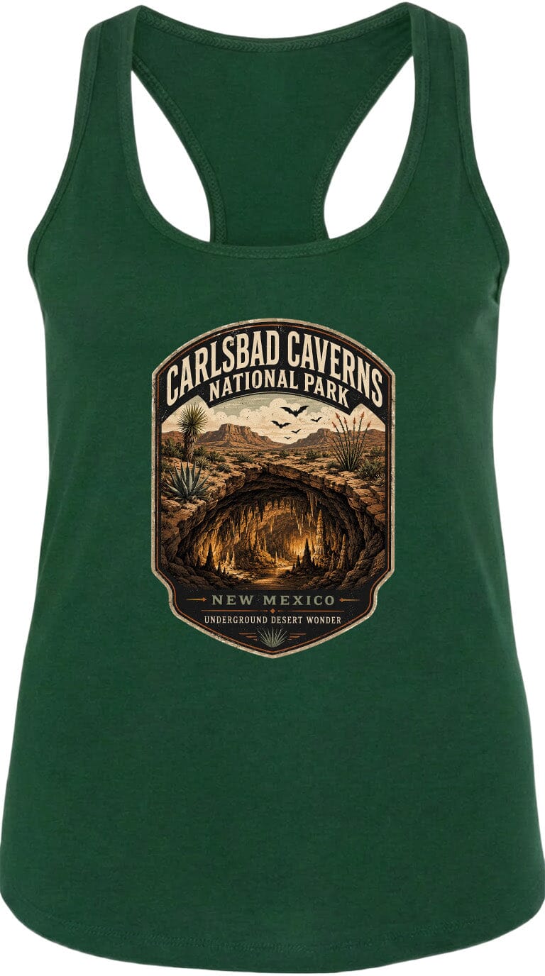A green tank top with a graphic design depicting the Carlsbad Caverns National Park in New Mexico, featuring a cave, desert landscape, and birds in flight.