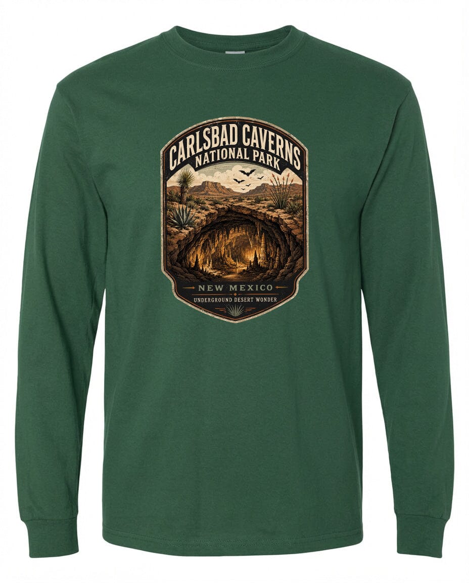 A green long-sleeved t-shirt with a graphic design depicting the Carlsbad Caverns National Park in New Mexico.