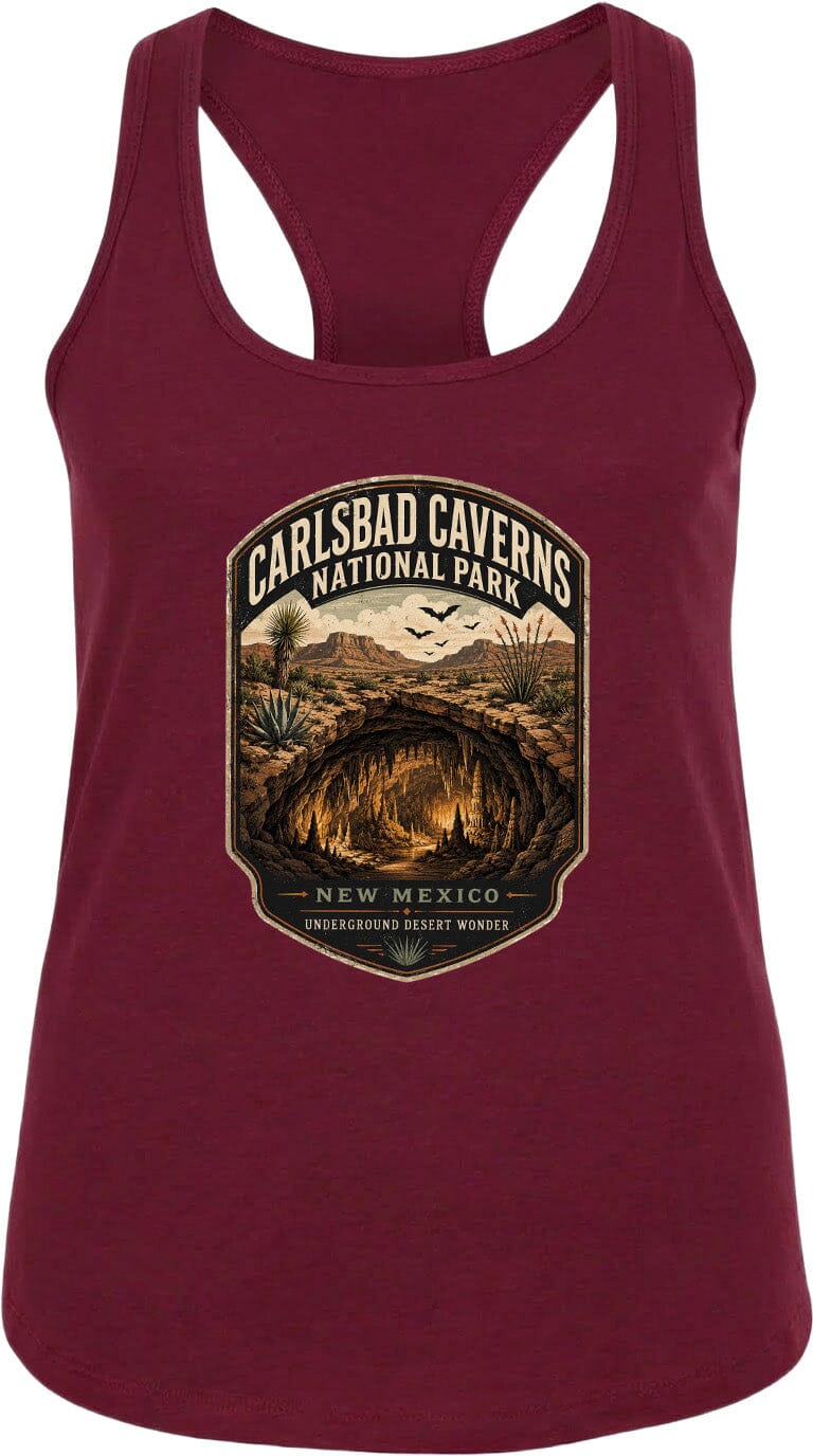 A maroon tank top with a graphic design depicting the Carlsbad Caverns National Park in New Mexico, featuring a desert landscape with a cave and birds in the sky.