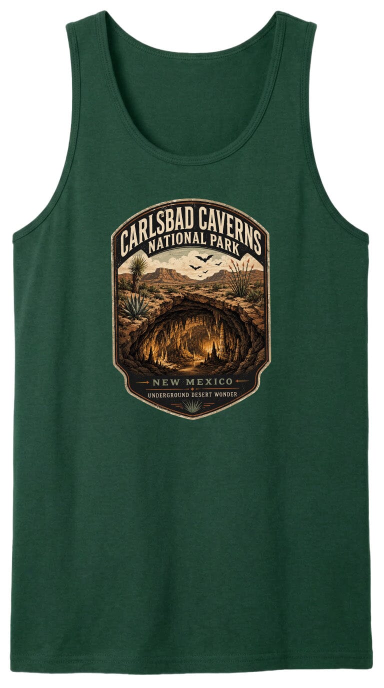 A green tank top with a graphic design depicting the Carlsbad Caves National Park in New Mexico, featuring a desert landscape with a cave system and birds in the sky.