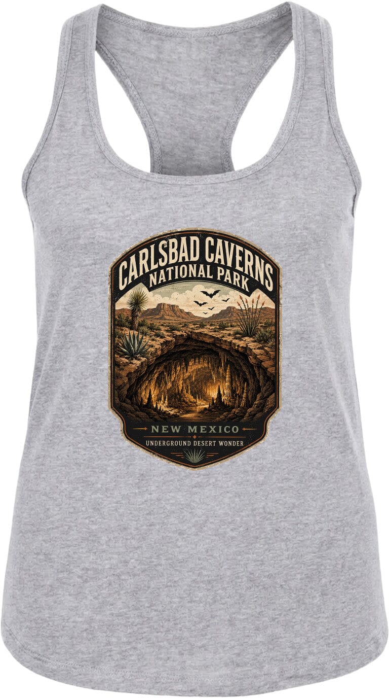 A gray tank top with a graphic design depicting the Carlsbad Caverns National Park in New Mexico, featuring a desert landscape with a cave and birds in the sky.